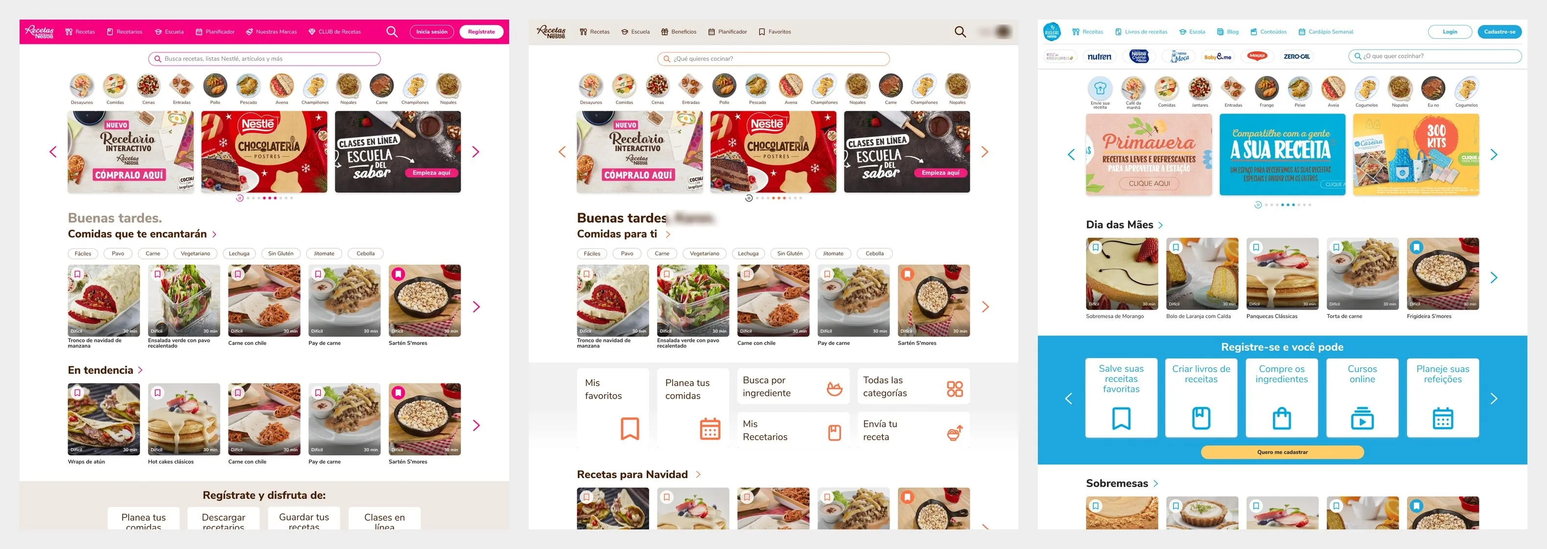 The Recetas Nestlé home page in the Mexico, Mexico signed-in and Brazil templates.