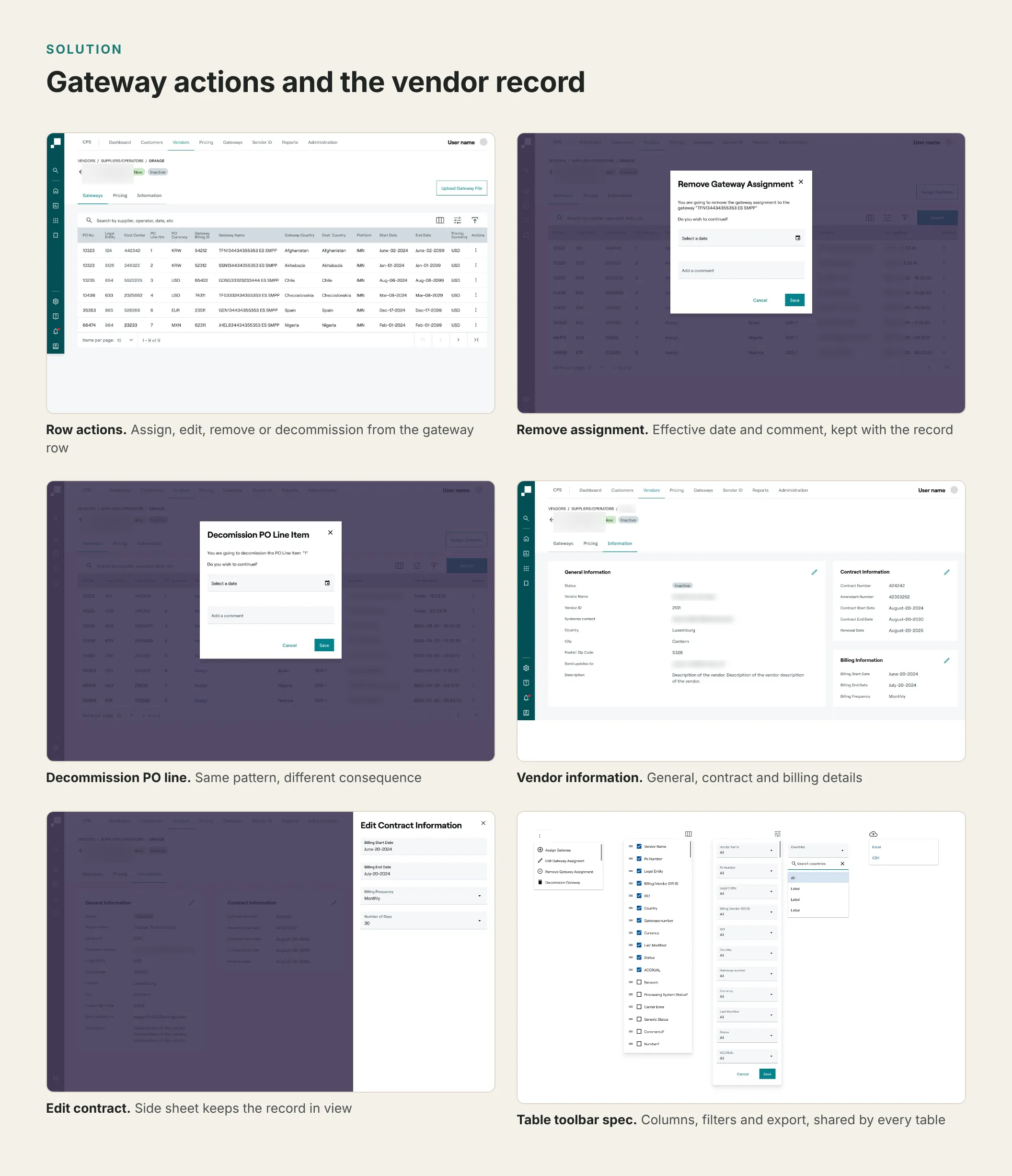 Gateway row actions, destructive dialogs, vendor record, side sheet and shared table toolbar.