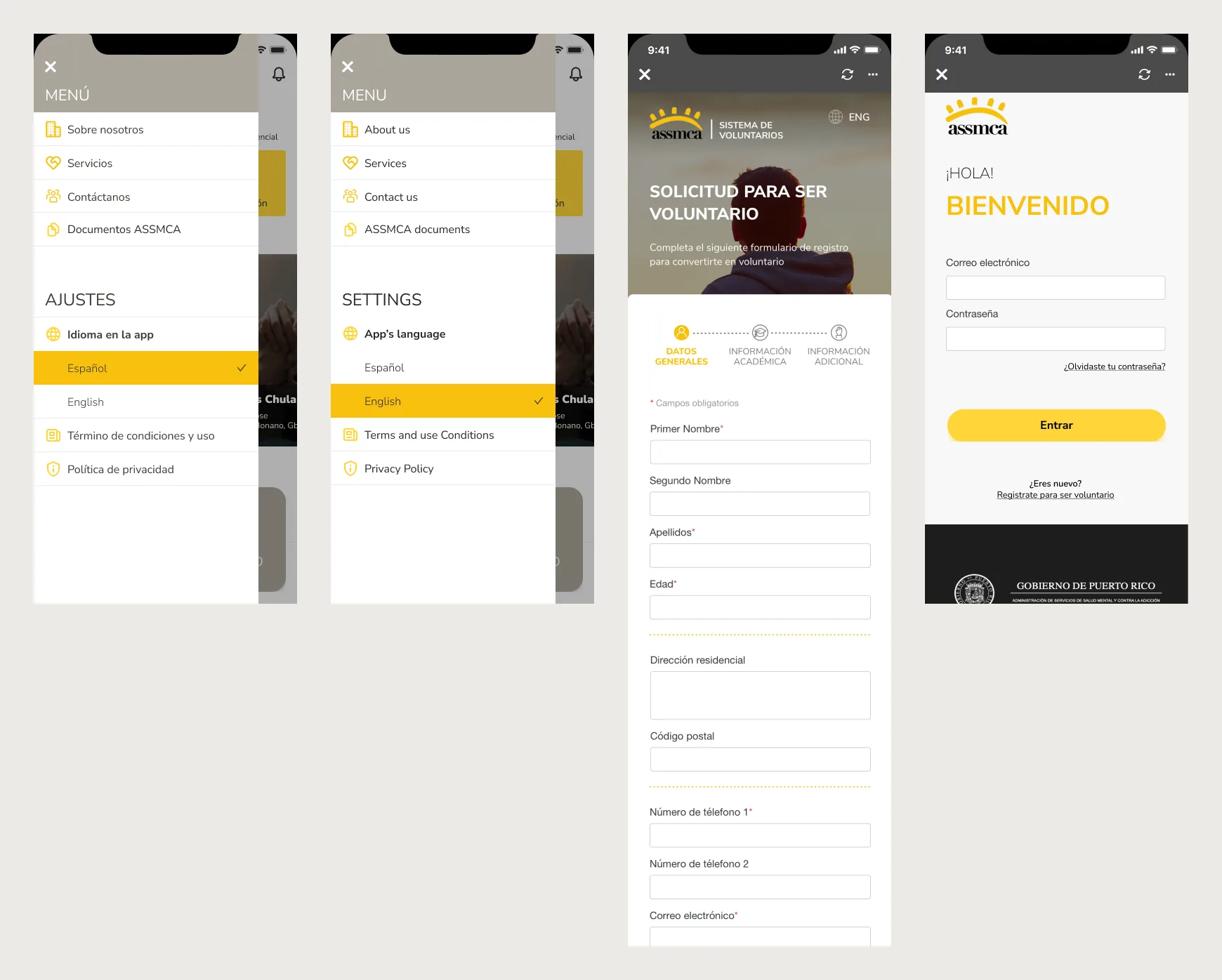 Four mobile screens: a side menu in Spanish with a language selector, the same menu in English, the first step of a three-step volunteer application form, and a login screen with email and password fields.