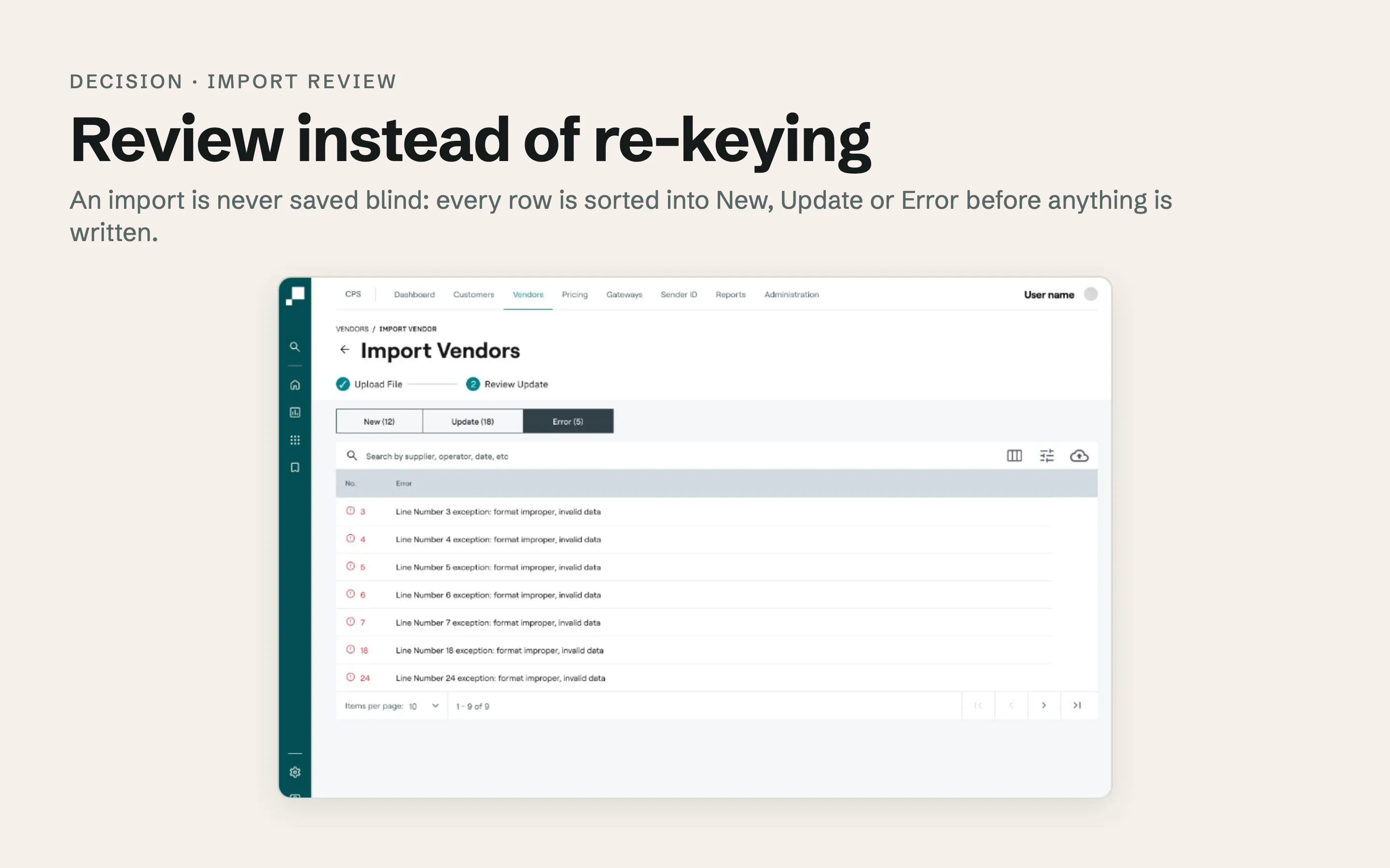 Cover titled "Review instead of re-keying": the global pricing platform's Import Vendors screen on its Error tab, listing the rows that failed with their line numbers.
