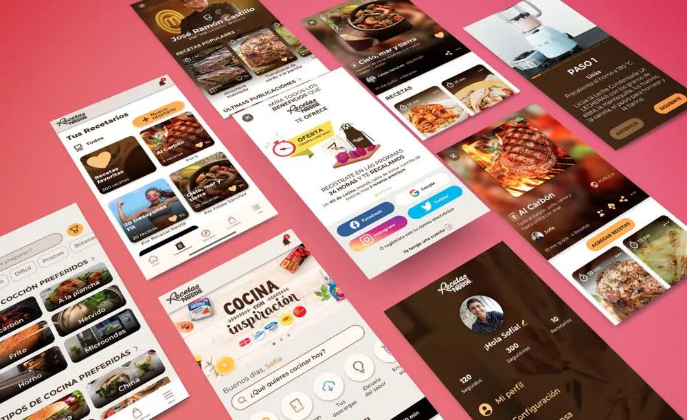 Recetas Nestlé app screens in a pink theme